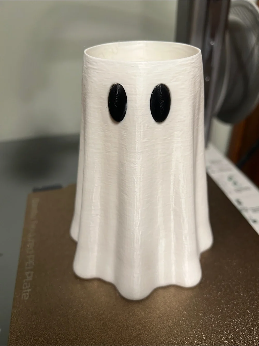 3-D printed Koozie White Ghost Sculptural Vase with Black Accent Eyes (Alani)